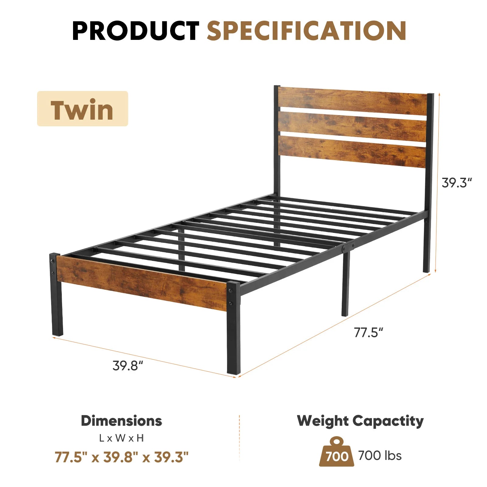 Metal and Wood Mixed Platform Bed Frame with Headboard and Footboard