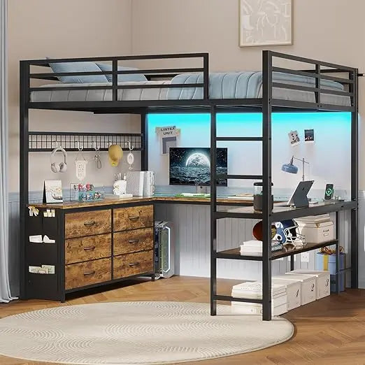 Loft Bed with U-Shaped Desk and Storage