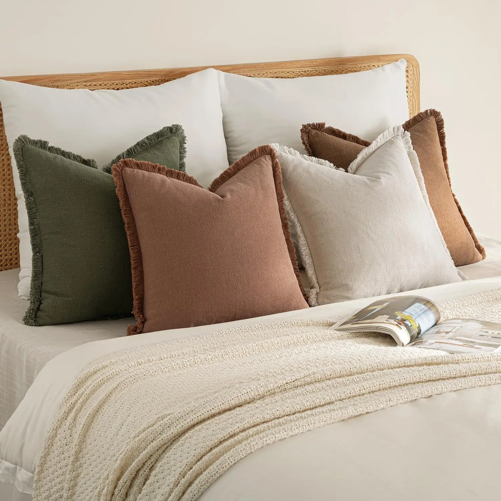 Set of 4 Neutral Linen Fringe Throw Pillows, Soft Rustic Cushions