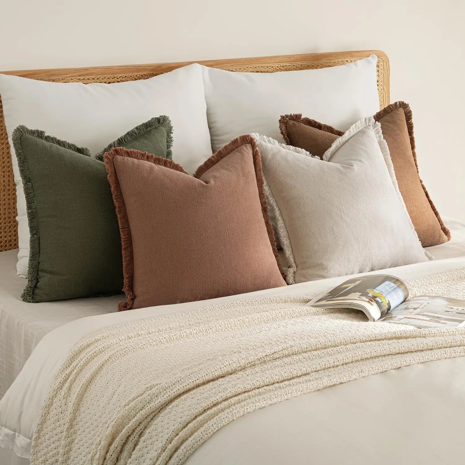 Set of 4 Neutral Linen Fringe Throw Pillows, Soft Rustic Cushions