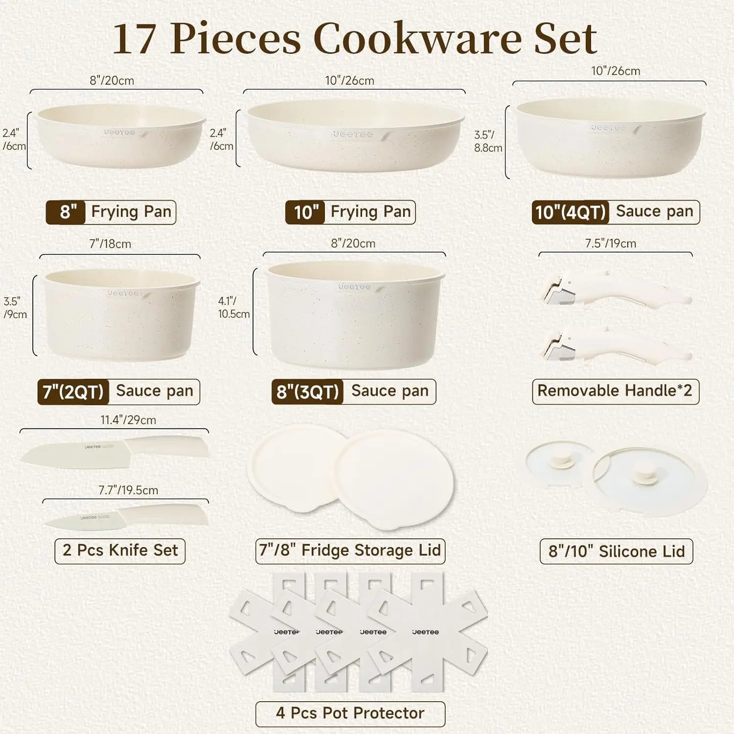 17-Piece Nonstick Cookware Set with Detachable Handle