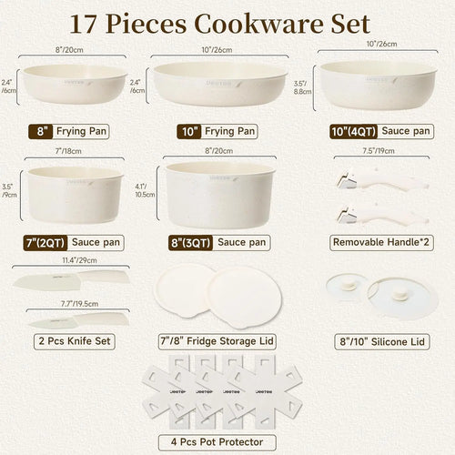 17-Piece Nonstick Cookware Set with Detachable Handle
