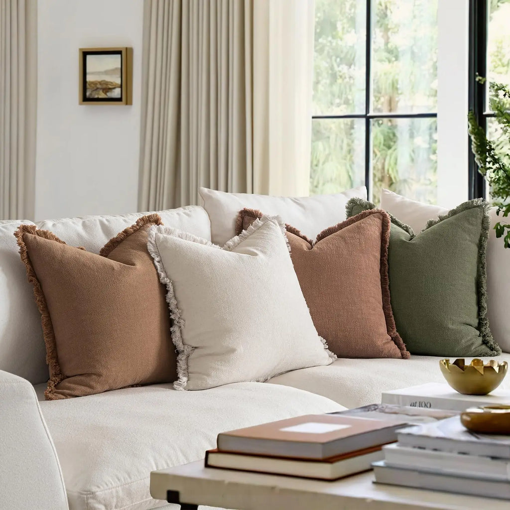 Set of 4 Neutral Linen Fringe Throw Pillows, Soft Rustic Cushions