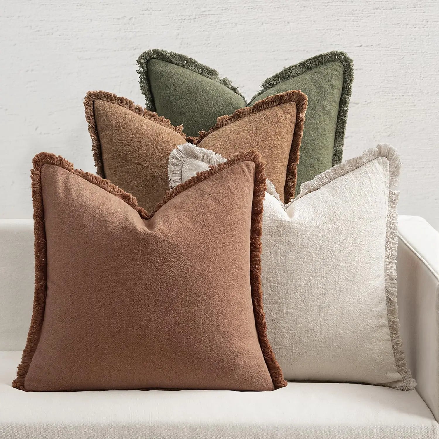 Set of 4 Neutral Linen Fringe Throw Pillows, Soft Rustic Cushions