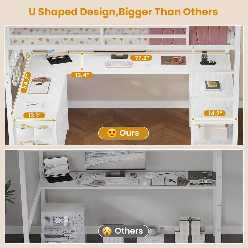 Loft Bed with U-Shaped Desk and Storage