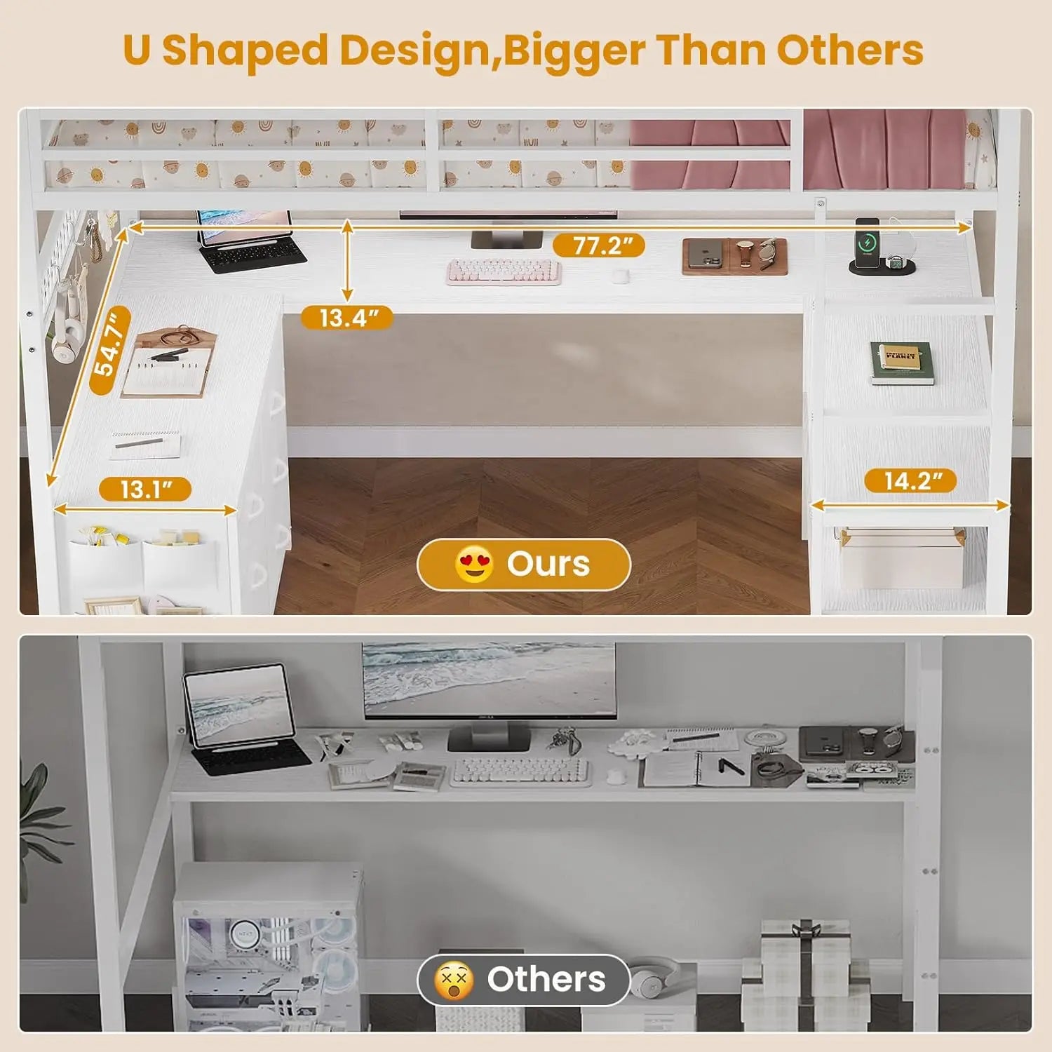 Loft Bed with U-Shaped Desk and Storage