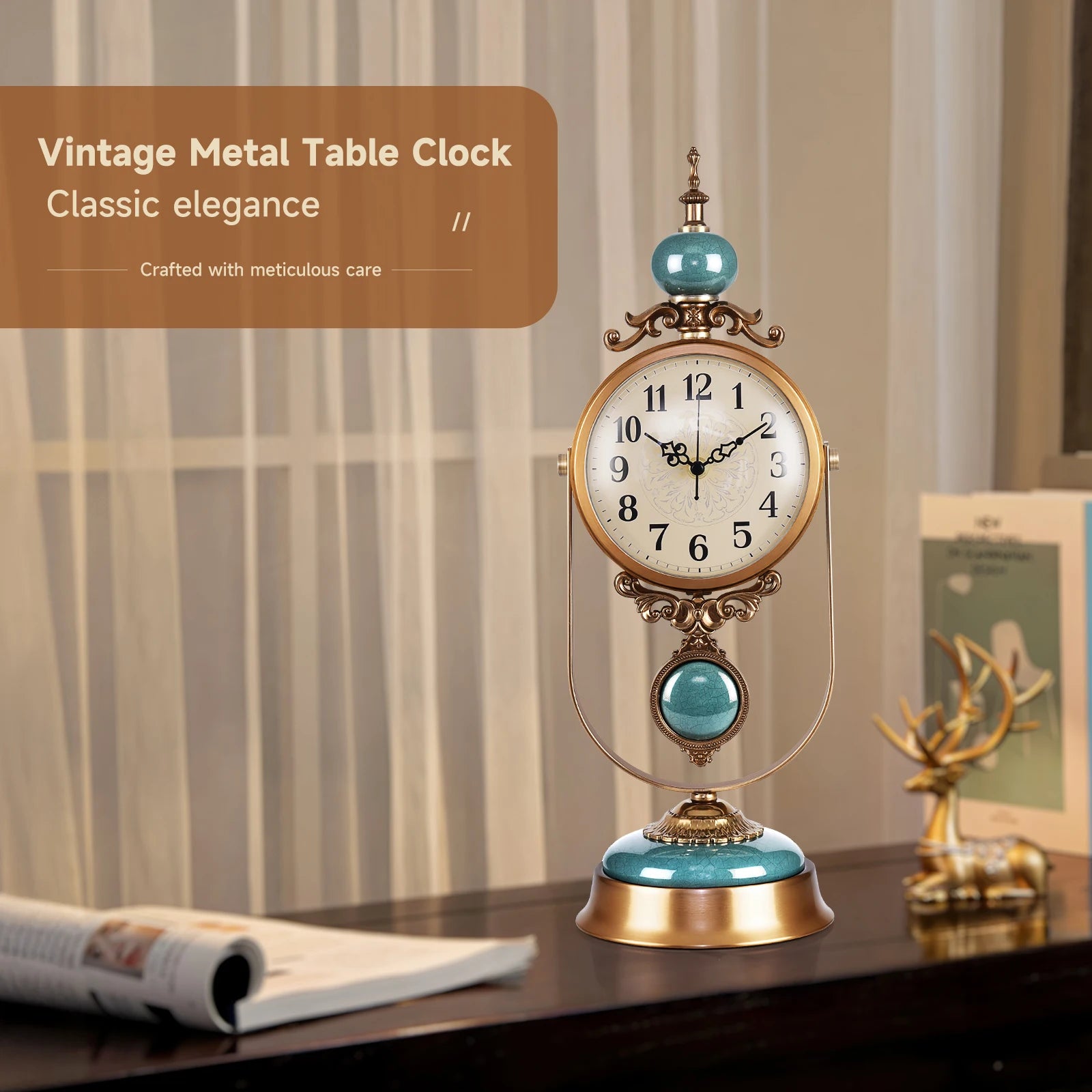 Vintage Fireplace Mantel Clock - Silent Decorative Clock with Antique Pendulum