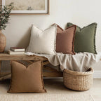 Set of 4 Neutral Linen Fringe Throw Pillows, Soft Rustic Cushions