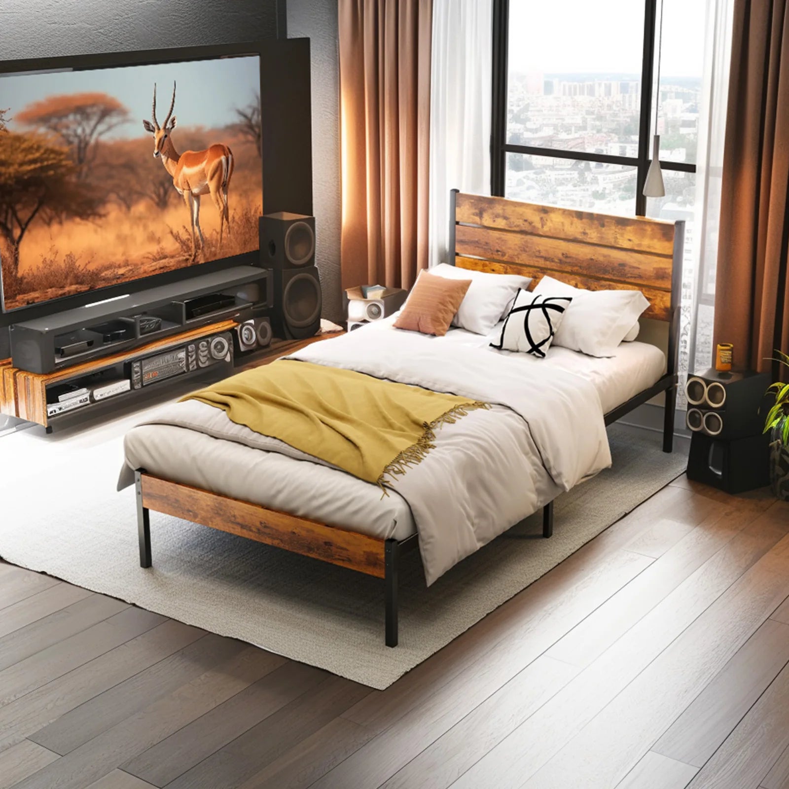 Metal and Wood Mixed Platform Bed Frame with Headboard and Footboard