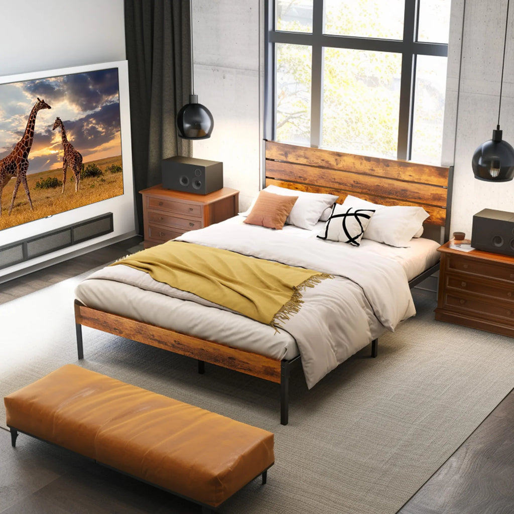 Metal and Wood Mixed Platform Bed Frame with Headboard and Footboard