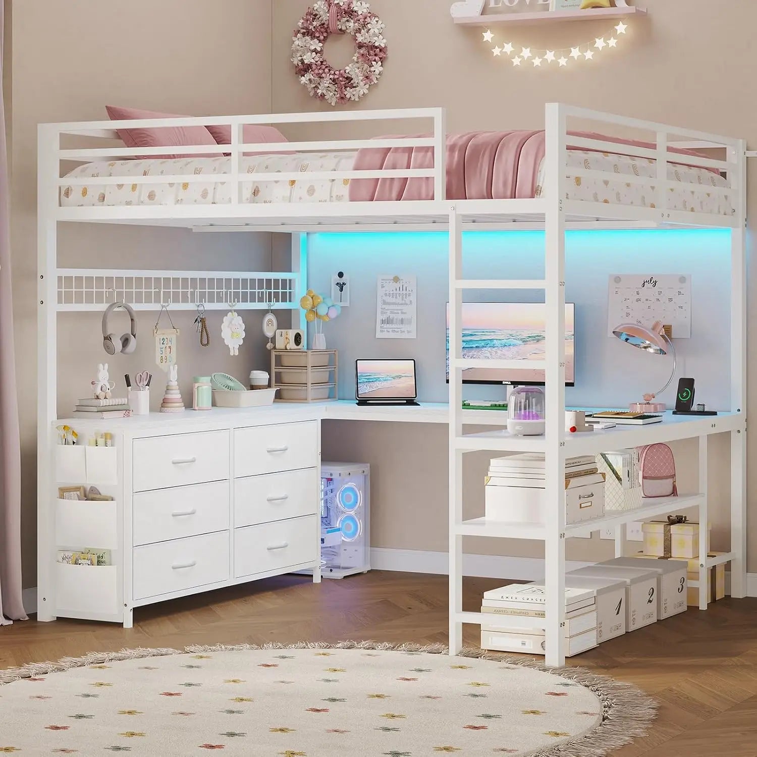 Loft Bed with U-Shaped Desk and Storage