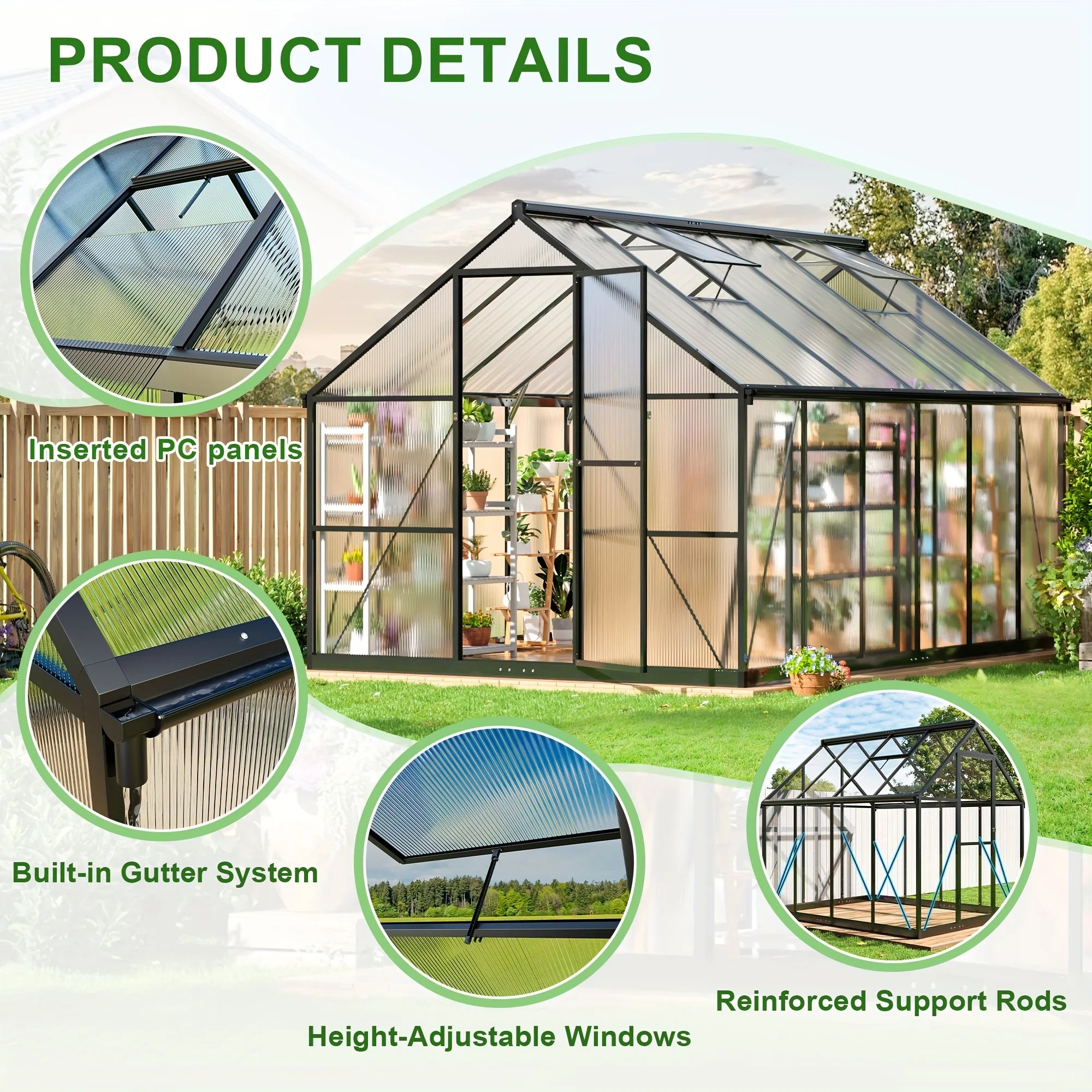 4x6~10x18FT Multi-Size Polycarbonate Greenhouse