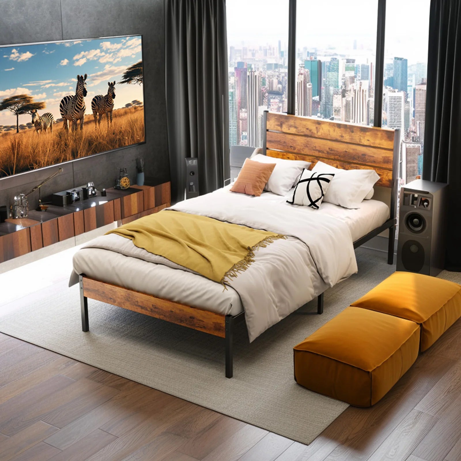 Metal and Wood Mixed Platform Bed Frame with Headboard and Footboard