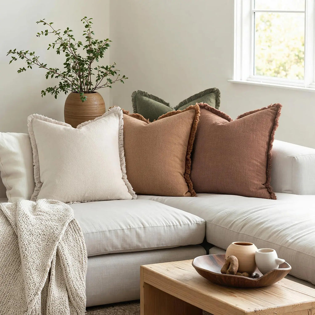 Set of 4 Neutral Linen Fringe Throw Pillows, Soft Rustic Cushions