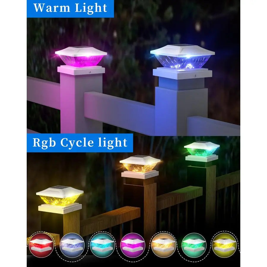 Solar Post Cap Lights,4Pack Fence Deck Post Cap Solar Powered Lights RGB with Two Modes