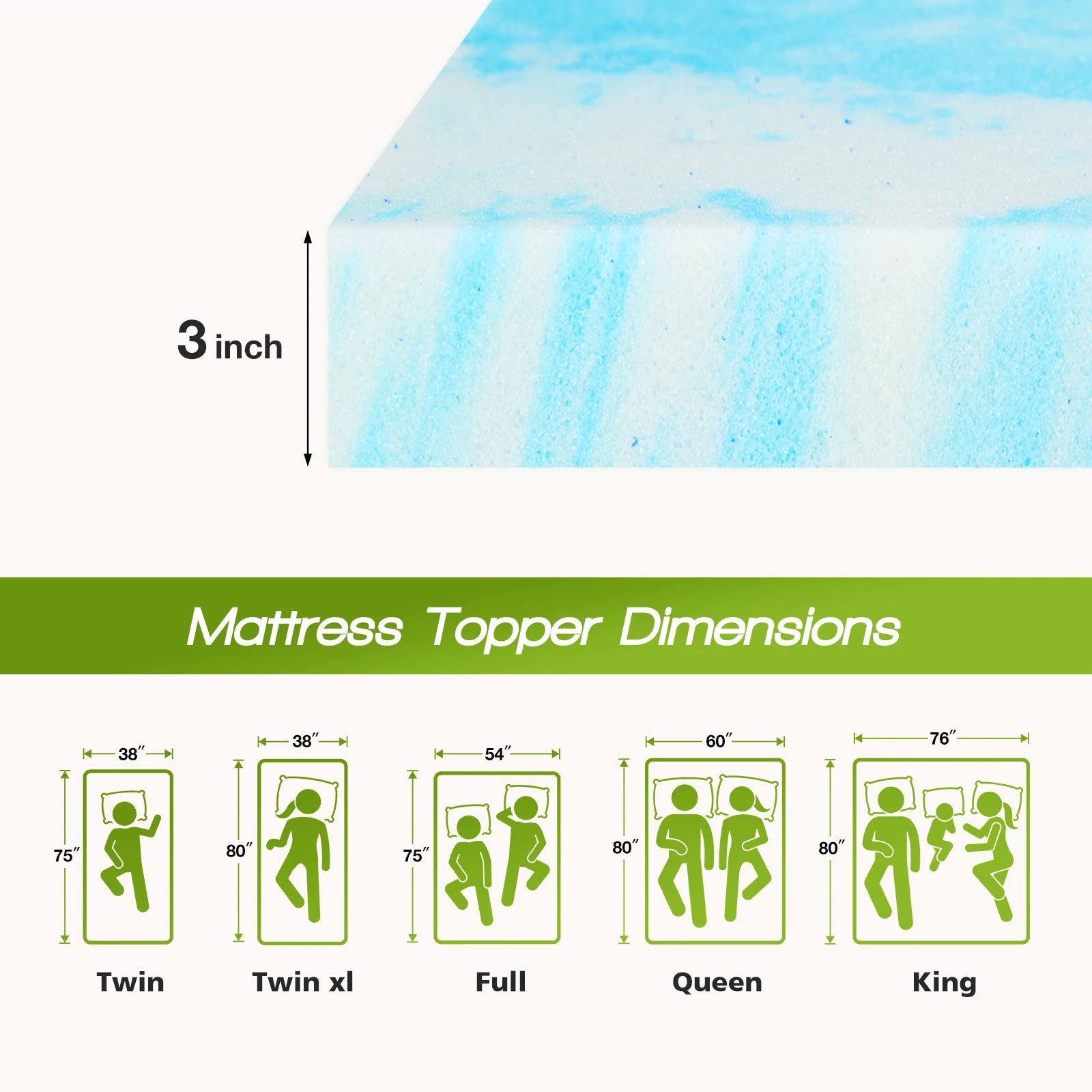 JHK 2-4 Inch Memory Foam Soft Mattress Topper Thick Gel Cooling Mattress Soft and Breathable Bed Topper Bedroom Furniture
