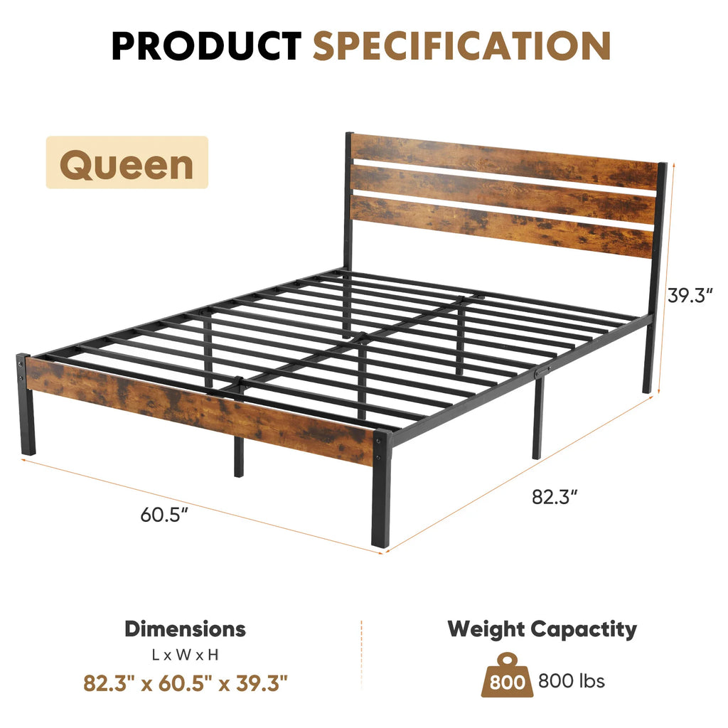Metal and Wood Mixed Platform Bed Frame with Headboard and Footboard