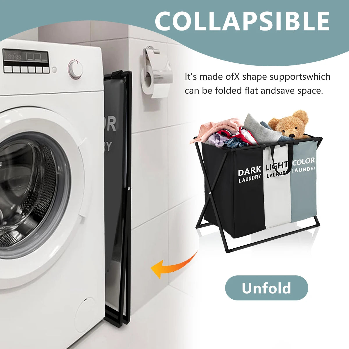 3 Sections Divided Laundry Basket Large Laundry Hamper Foldable Washing Bin Dirty Cloth Storage Bag Home Storage