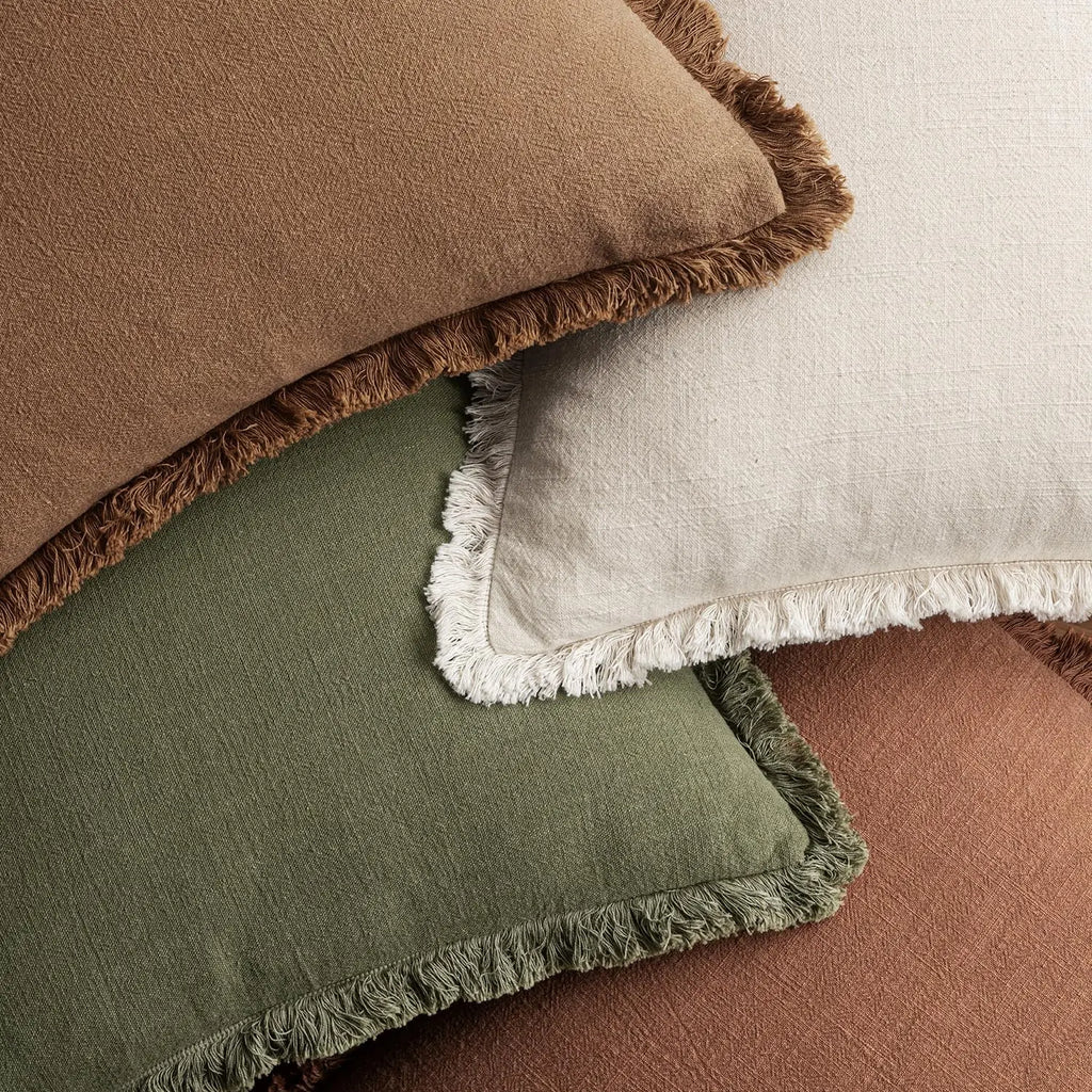 Set of 4 Neutral Linen Fringe Throw Pillows, Soft Rustic Cushions