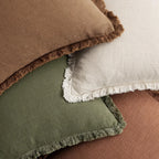 Set of 4 Neutral Linen Fringe Throw Pillows, Soft Rustic Cushions