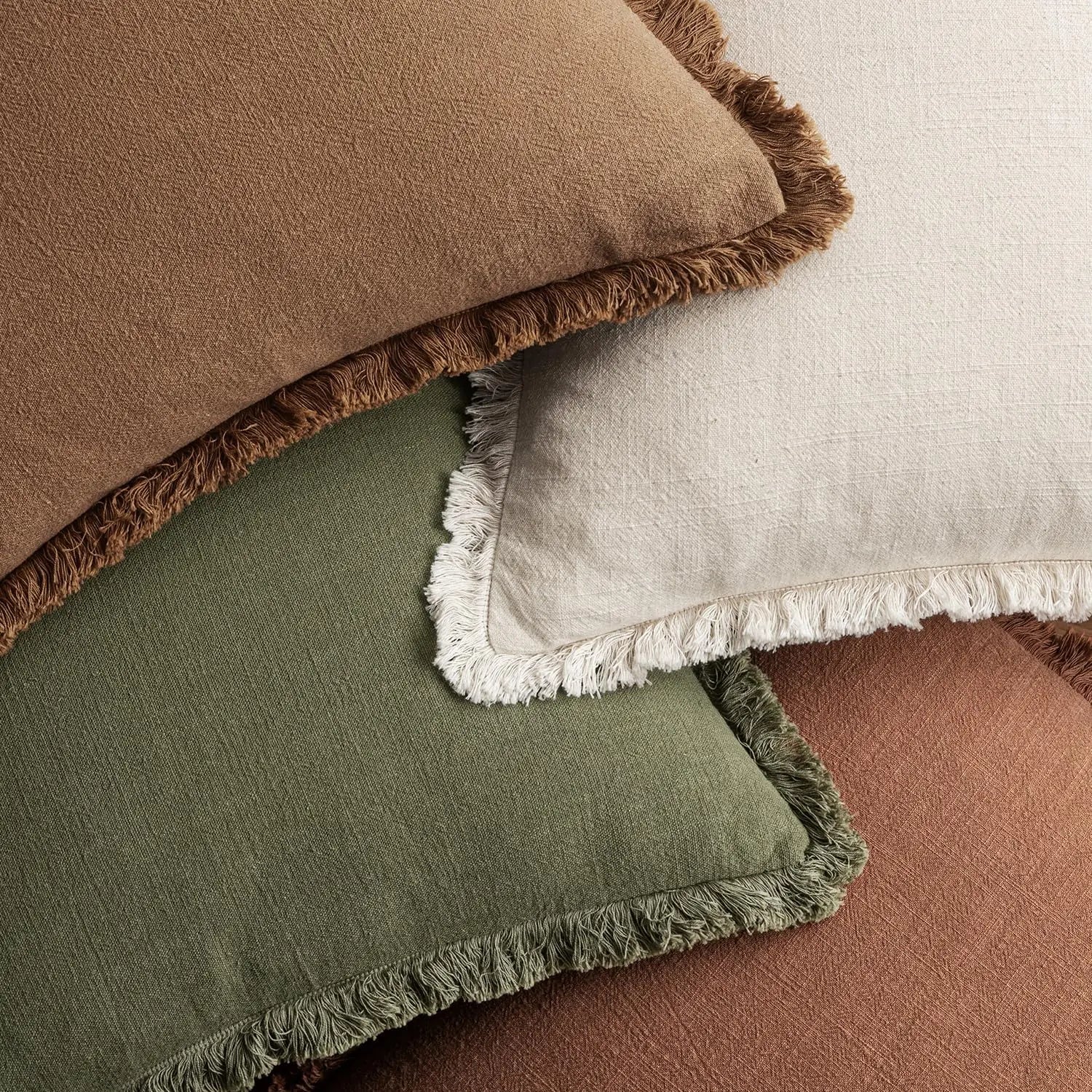 Set of 4 Neutral Linen Fringe Throw Pillows, Soft Rustic Cushions