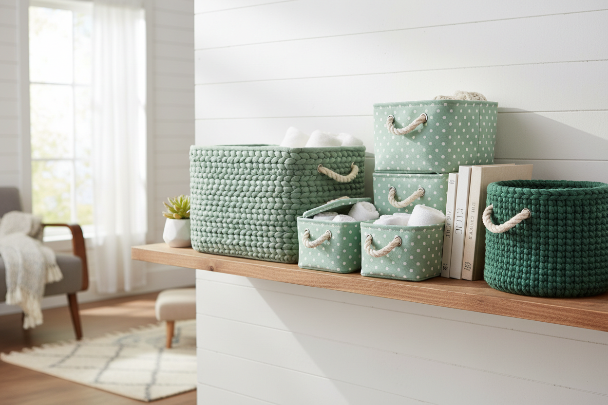 realisitc image of a shelf with storage bins in a home - make the bins cute and green