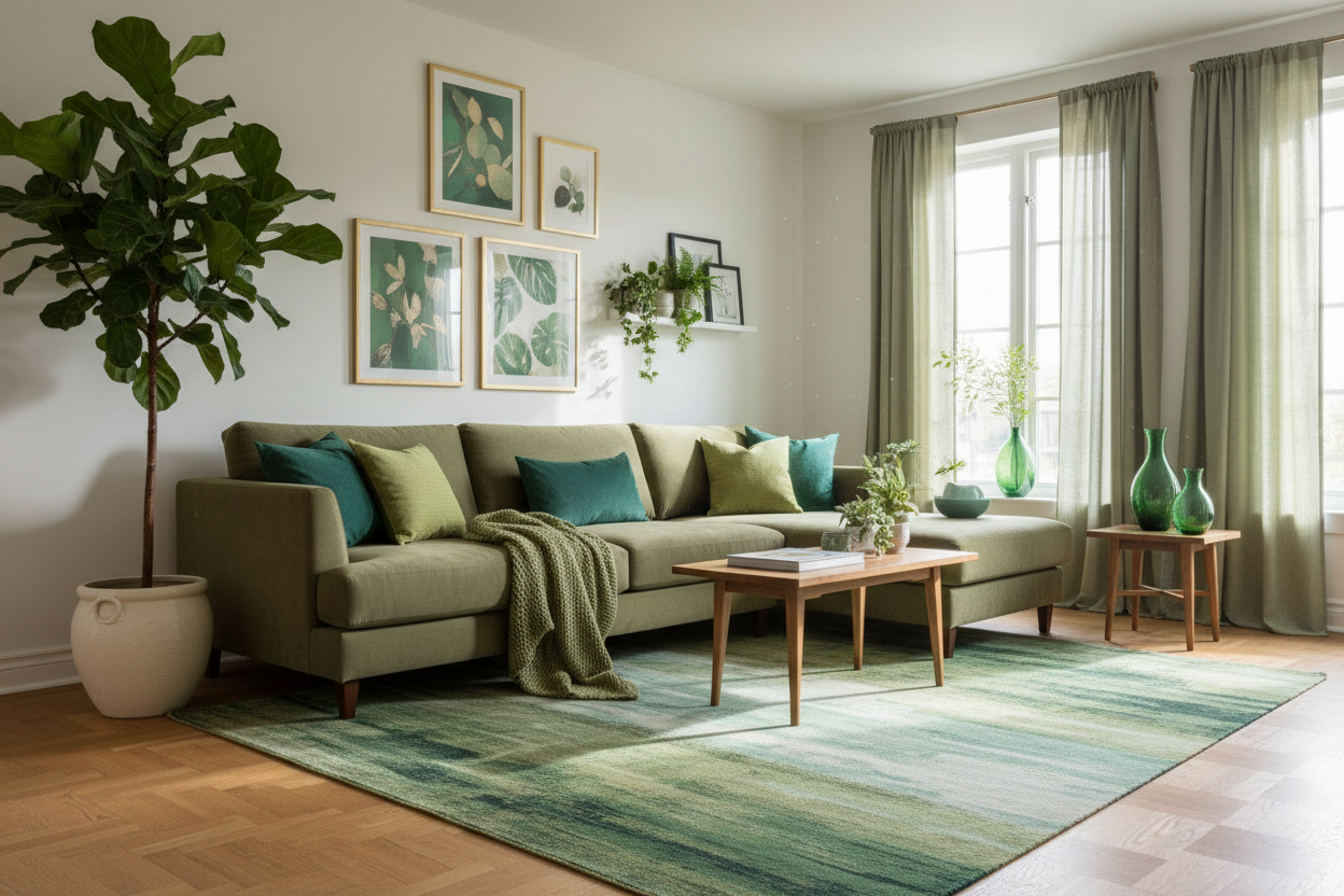 realistic image of a living room with green decor